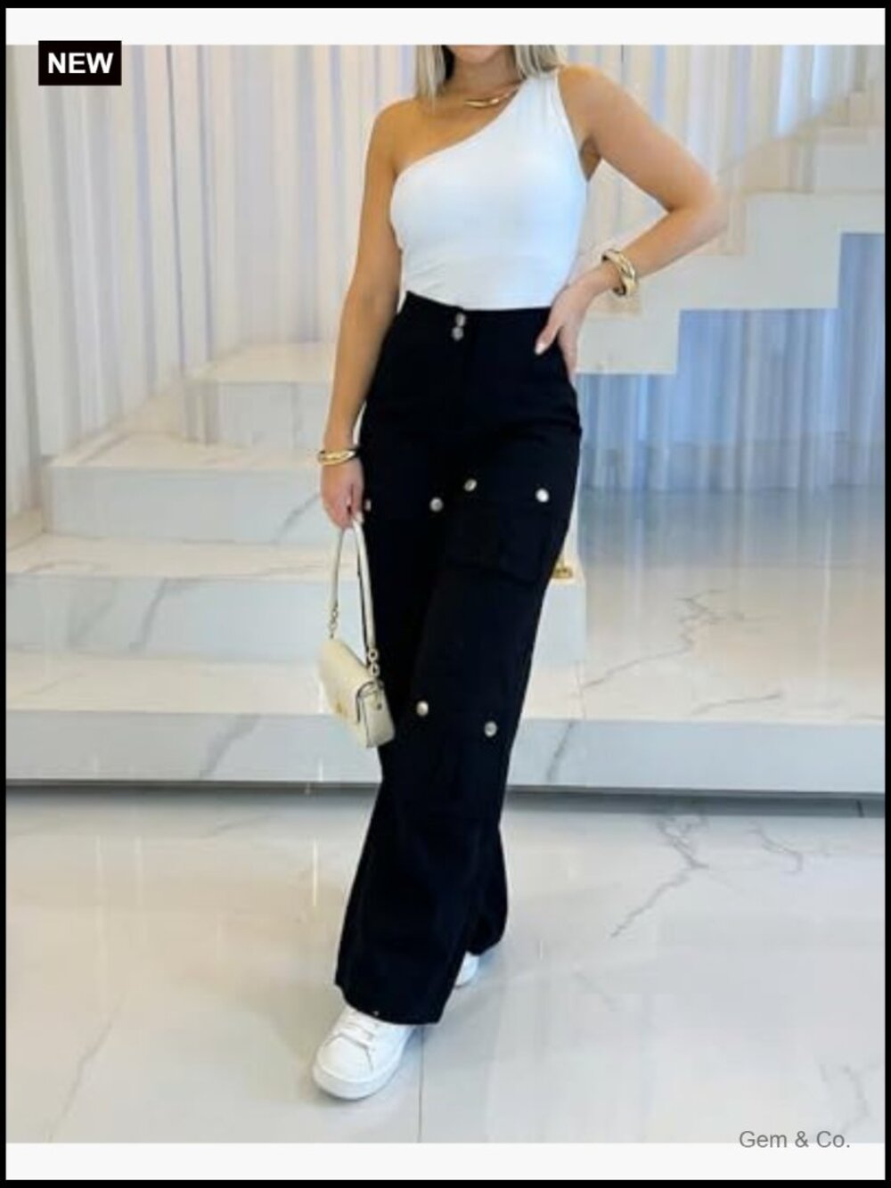 High Waist Cargo Pants with Zipper Fly Flap Pockets Wide Leg Baggy - Picture 2 of 7